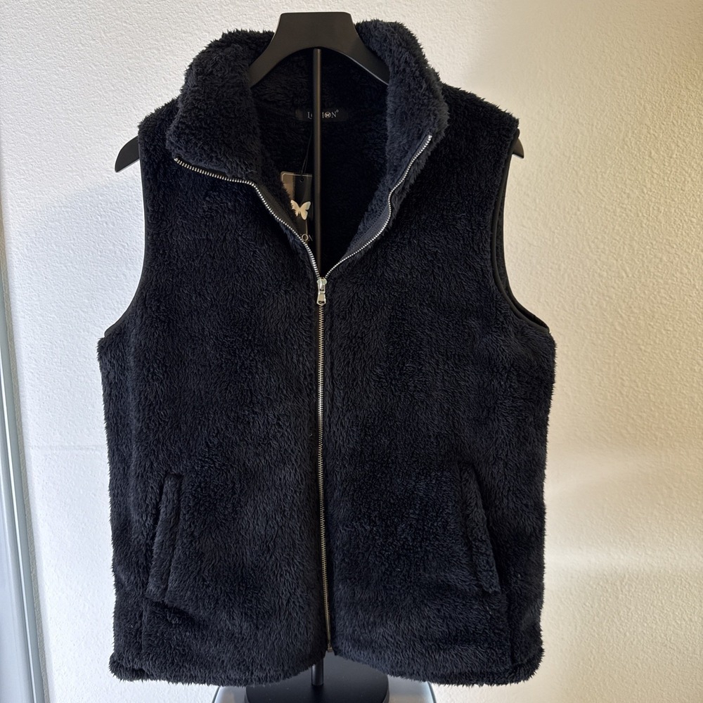 Lomon Women's Faux Fur Plush Full Zip Sleeveless Vest Black Size XL